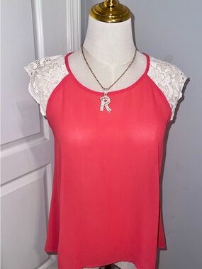 Miss Chievous Coral Tank with White Lace Cap Sleeves